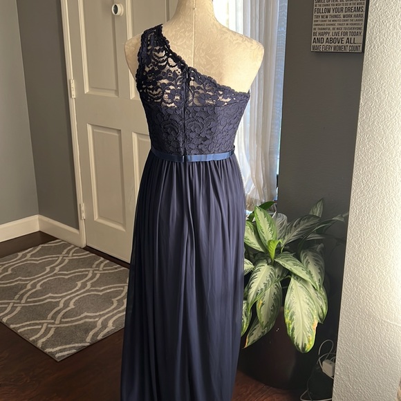 David Bridal One Shoulder Lace Navy Maxi Dress - Picture 4 of 8
